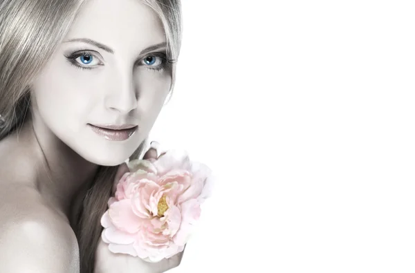Vértes portréja sexy whiteheaded fiatal nő gyönyörű kék szemű, fehér háttér — Stock Fotó