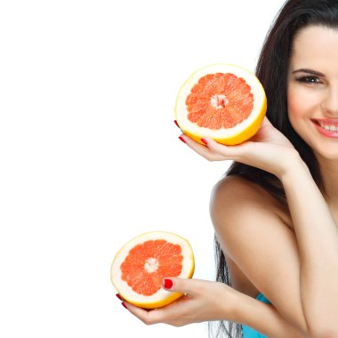 Girl in a turquoise swimming suit with a pink grapefruit, isolated on a white background, emotions clipart