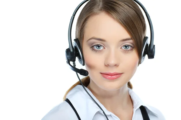 Can I help you ? Closeup of a female customer service representative — Stock Photo, Image