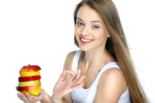 Portrait of a pretty young woman with fruit isolated on a white background — Stock Photo, Image