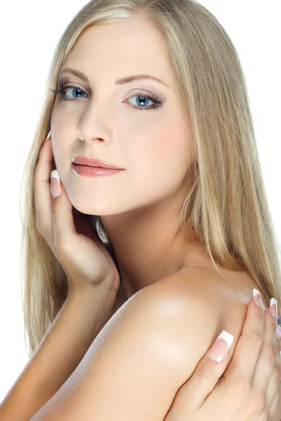Closeup retrato de sexy whiteheaded jovem mulher com belos olhos azuis no fundo branco — Fotografia de Stock