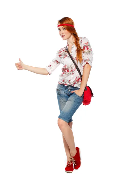 Mooie roodharige toeristische vrouw. geïsoleerd op een witte achtergrond Stockfoto