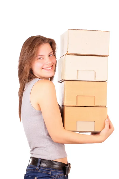 Beautiful young girl is going to move into a new house — Stock Photo, Image