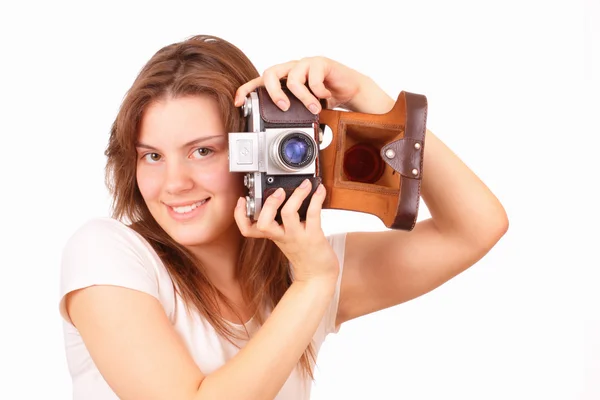 Güzel genç kız eski bir kamera ile — Stok fotoğraf