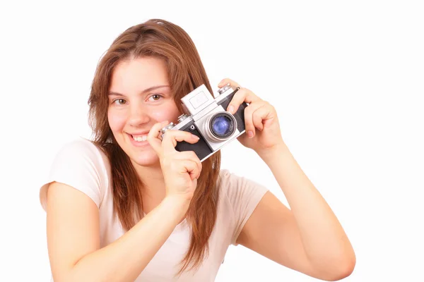 Happy young girl with an old camera — Stock Photo, Image