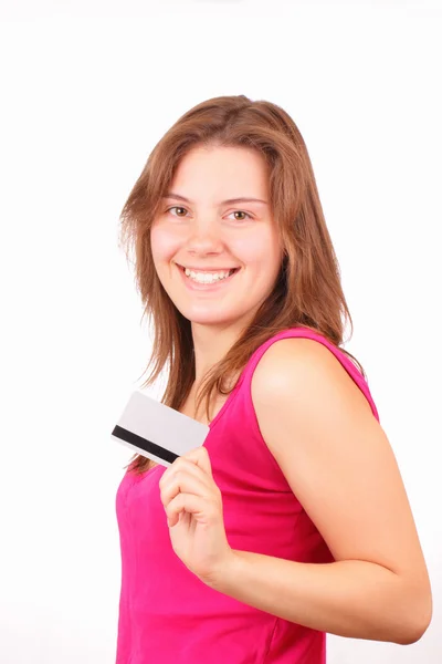 stock image Happy young girl with discount card