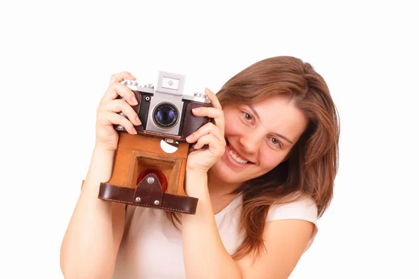 Eski bir kamera ile genç ve güzel kız — Stok fotoğraf