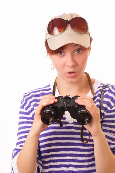 Attractive young girl with binoculars — Stock Photo, Image