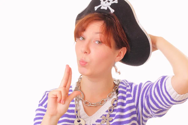 Beautiful young girl in the pirate hat — Stock Photo, Image