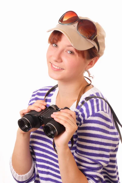 美丽的年轻女孩用双筒望远镜 — 图库照片