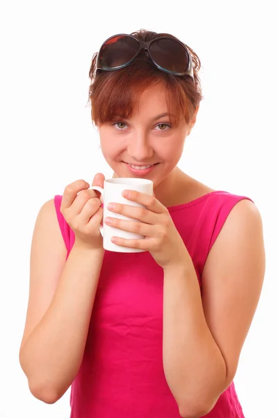 차 한잔과 함께 재미 있는 어린 소녀 — 스톡 사진