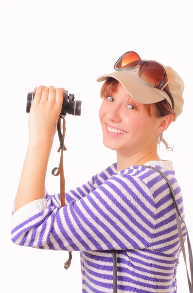 Funny mladá dívka s dalekohledem — Stock fotografie