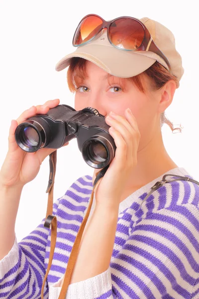 Pretty young girl with binoculars — Stock Photo, Image