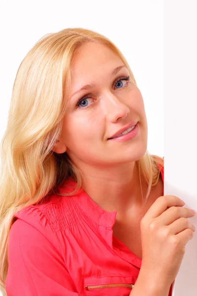 Attractive blonde woman with a sheet of paper — Stock Photo, Image