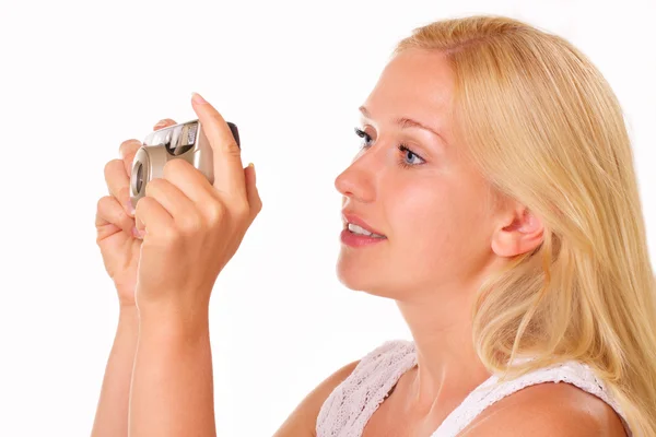 Attractive young woman with an old camera — Stock Photo, Image