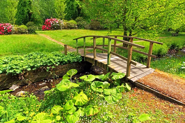 在一个美丽的花园中的老木桥 — 图库照片#