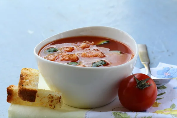 Sopa de tomate frio gaspacho com batatas fritas de pão — Fotografia de Stock