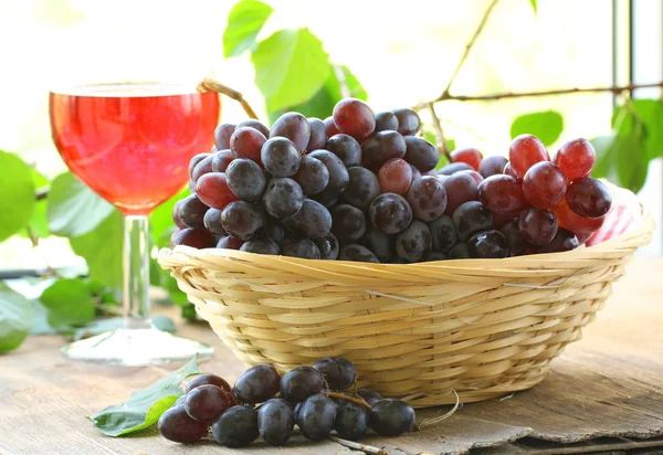 Zwarte biologische druiven in een rieten mand — Stockfoto