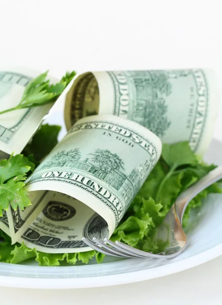 プレート - サラダ現金でドル通貨 — ストック写真
