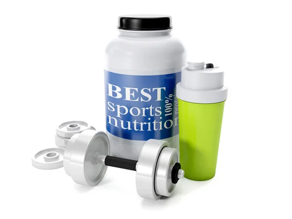 3D-Abbildung: Kurzhanteln, Shaker, Sporternährung, auf einem weißen — Stockfoto