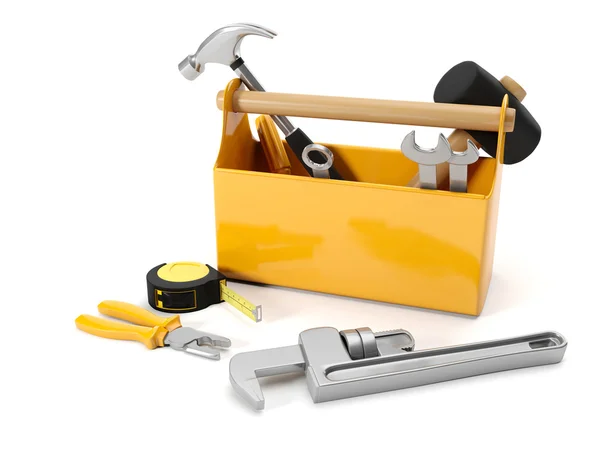 Ilustração 3d: serviços de reparação. Caixa de ferramentas em um fundo branco — Fotografia de Stock