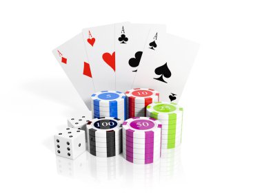 3D çizim: cips, kartları ve zar oynuyor. Casino