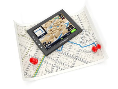 3d illustration: The GPS navigator and the card on a white backg clipart