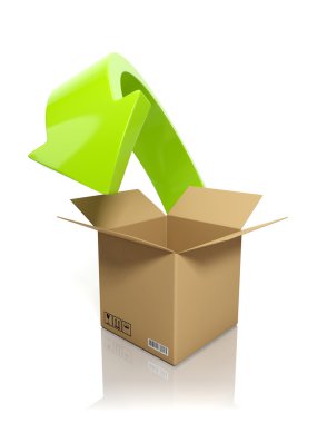 3d illustration: Downloading content. A cardboard box and an arr clipart