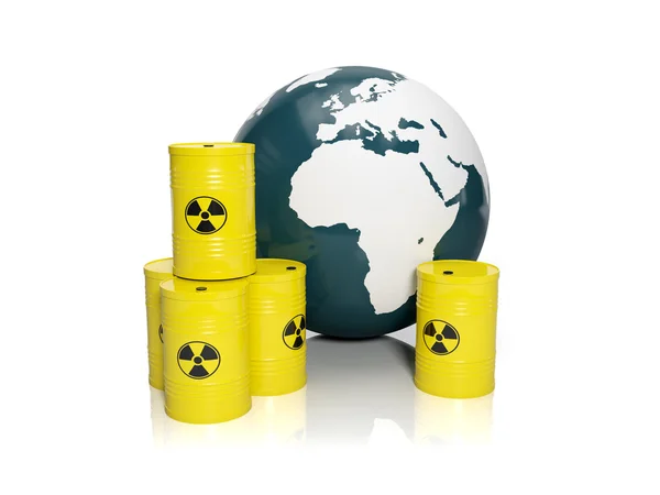 Ilustración 3d: residuos nucleares fangosos. Barriles de energía nuclear — Foto de Stock