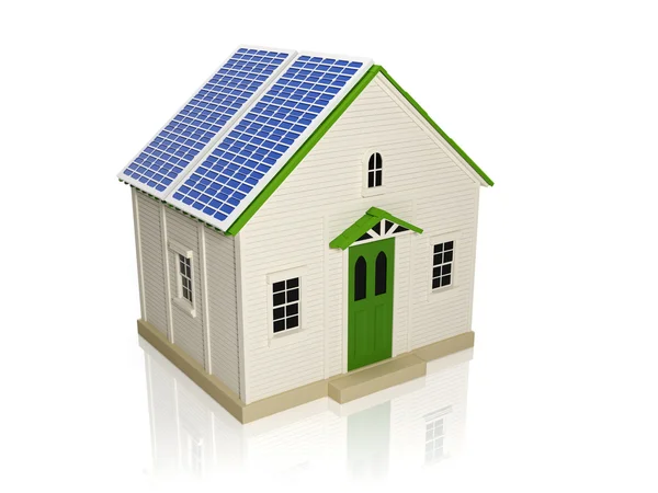 3D-Abbildung: Energiegewinnung aus Solarzellen. Haus mit — Stockfoto