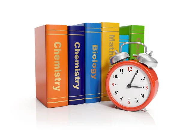 3d illustration: Alarm clock and books. Time to start learning — Stock Photo, Image