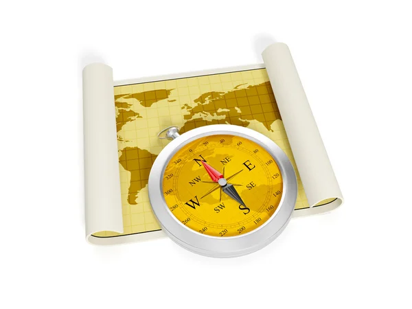 3d illustration: A compass and the developed map of the earth. A — Stock Photo, Image