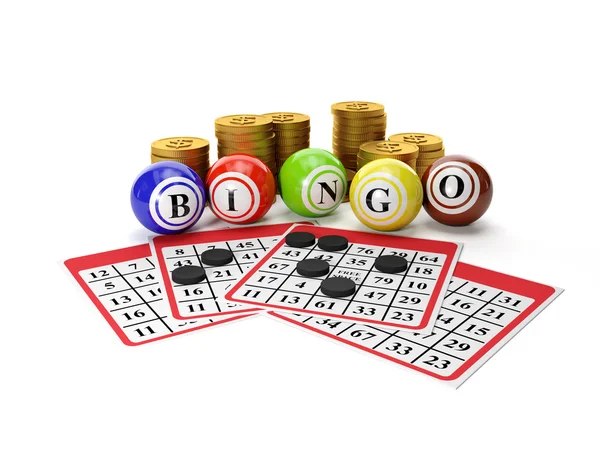 Ilustração 3d: Loteria Bingo e um grupo de moedas de ouro. Gamble. — Fotografia de Stock
