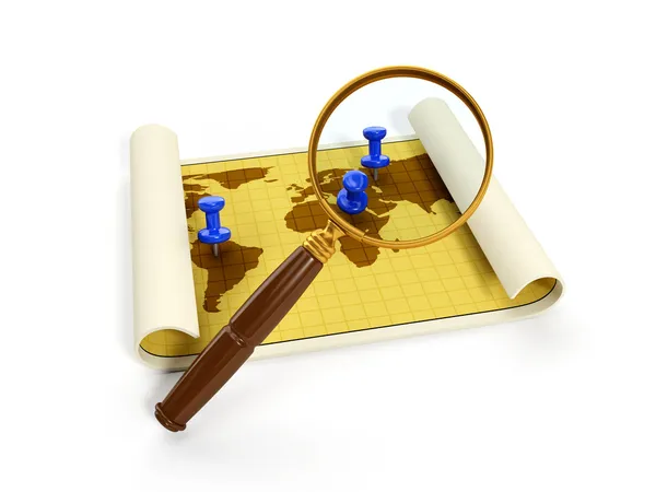 3d illustration: map for travel and a magnifying glass. Isolated — Stock Photo, Image