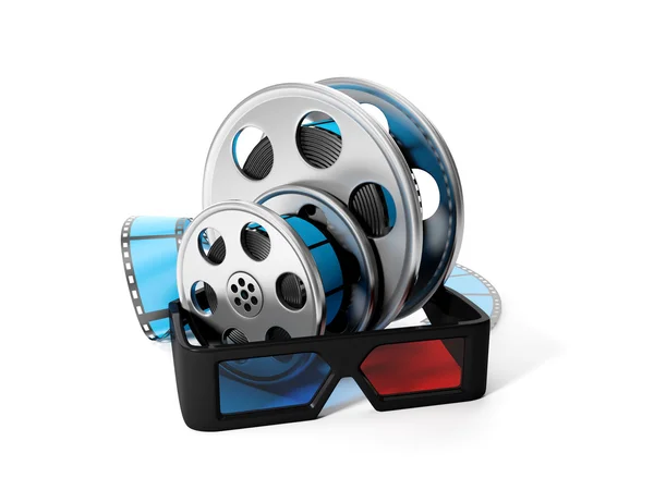 Illustration 3D : bobines de film et lunettes 3D. Image isolée — Photo