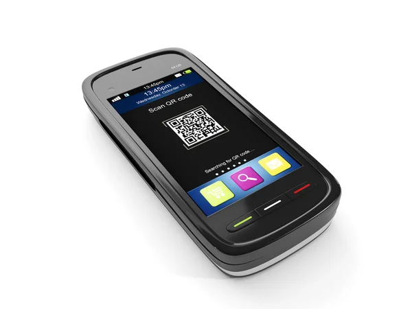 Ilustração 3d: QR código e telefone celular. Procura do produto — Fotografia de Stock