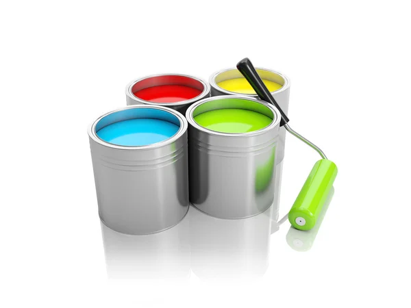 Ilustração 3d: Um grupo de latas de tinta e rolo — Fotografia de Stock