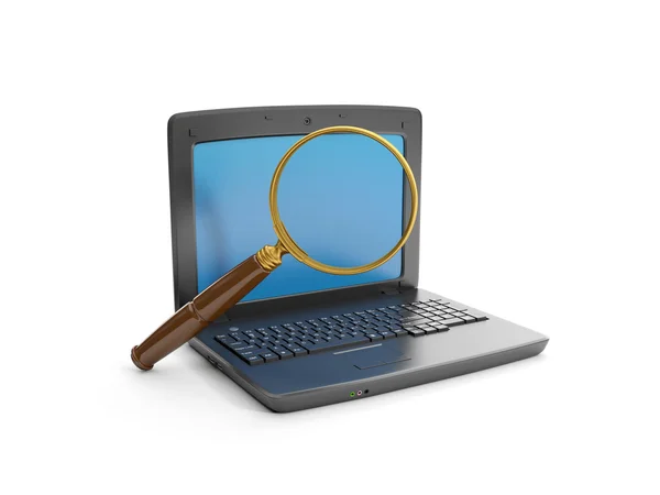 Ilustração 3d: Um laptop e uma lupa para encontrar o inf — Fotografia de Stock
