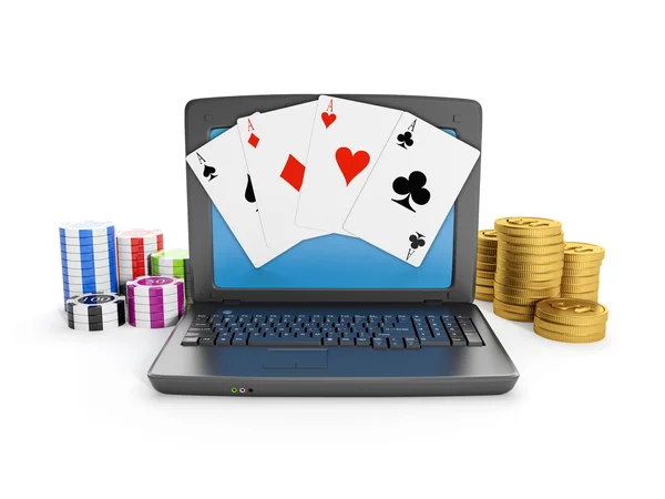 3d иллюстрация: Азартные игры в Интернете, играть онлайн. Ноутбук c — стоковое фото