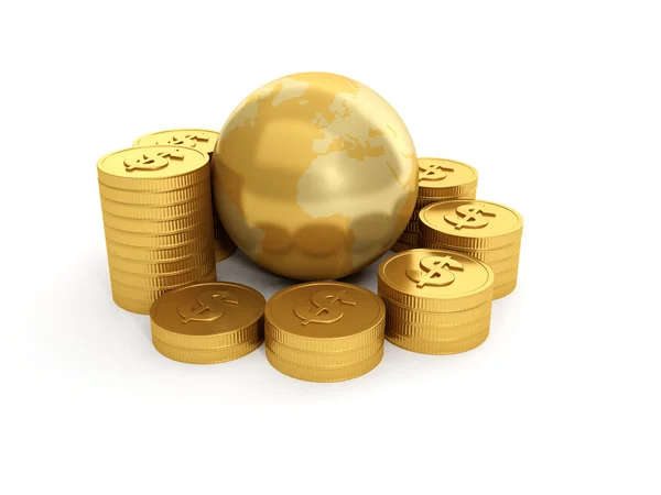 3d иллюстрация: Земля и группа золотых монет на белом бэкге — стоковое фото