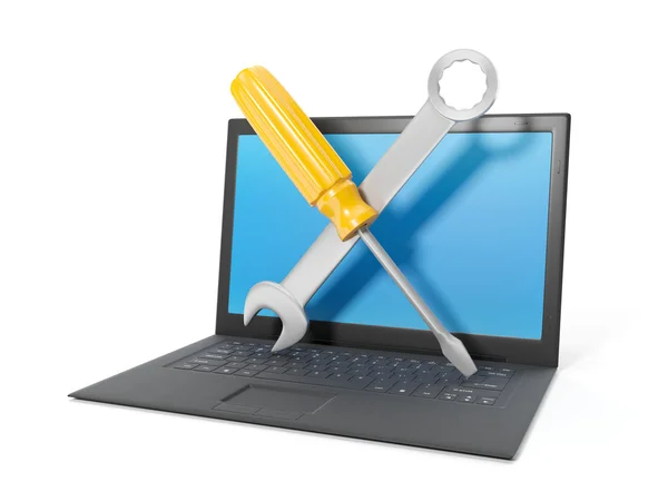 Ilustração 3d: reparação de computador, laptop preto em um backgr branco — Fotografia de Stock