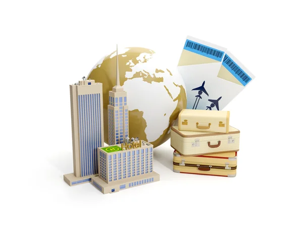 3D-Illustration: Weltreise. die Gruppe der Gebäude und der Koffer — Stockfoto