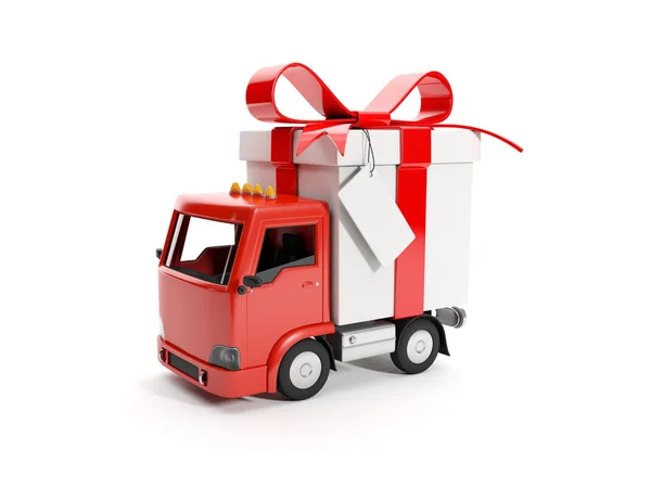 Ilustração 3d: caminhão entregando um presente — Fotografia de Stock