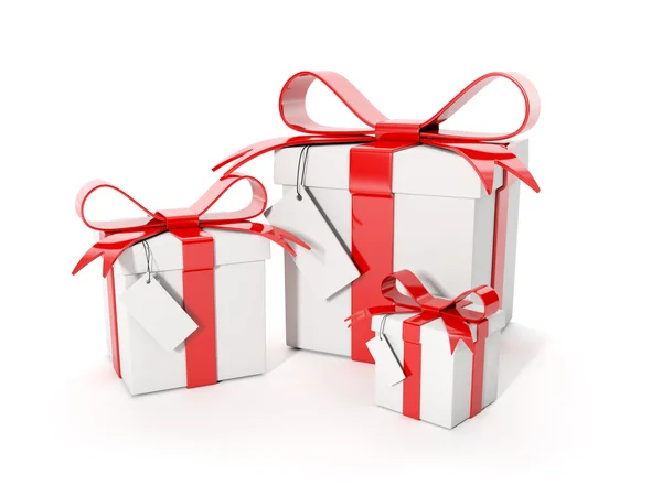3D-Abbildung: drei Geschenkboxen auf weißem Hintergrund — Stockfoto