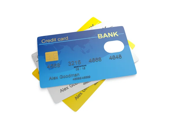 Illustration 3d : Les trois cartes de crédit. Or, platine et ordi — Photo