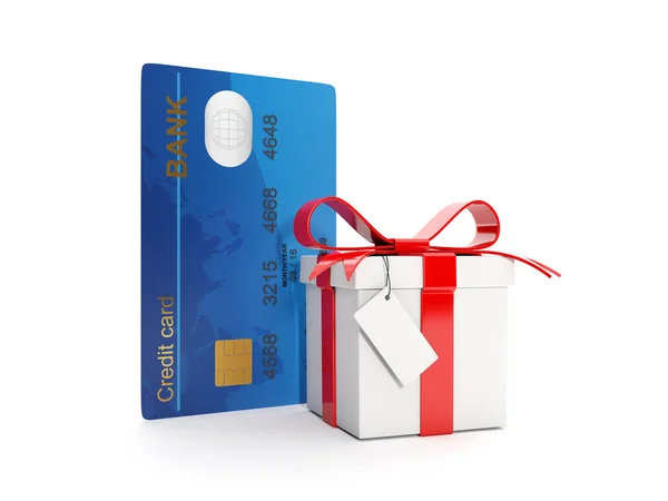 3D-Abbildung: Kreditkarte und Geschenkbox. Geld als Geschenk, Bonus — Stockfoto