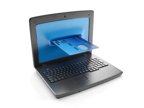 Ilustração 3d: Um laptop e um cartão de crédito, dinheiro eletrônico — Fotografia de Stock