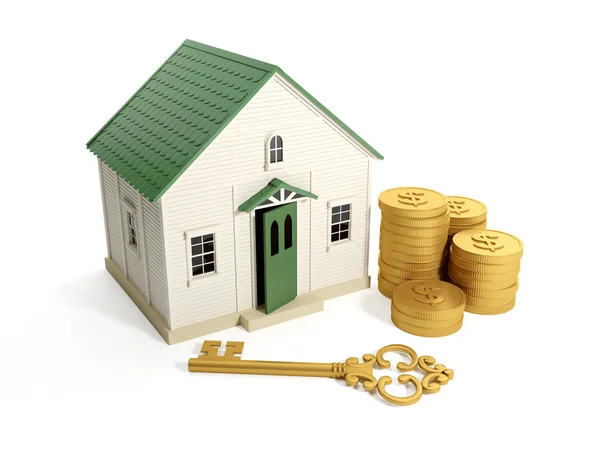 3D illustratie: kopen van een huis, onroerend goed lening. speelgoed huis met — Stockfoto