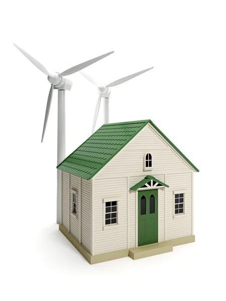 3D illustratie: toy huis en windmolens op een witte achtergrond. — Stockfoto