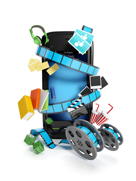 Трехкомпонентная иллюстрация: Развлечение социальной мидии. Мобильный телефон и
